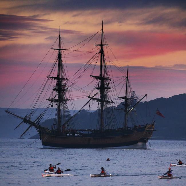 The Endeavour ship anchored in Rose Bay at sunrise. Picture: John Grainger