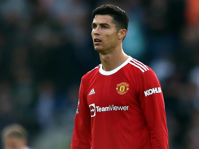 BRIGHTON, ENGLAND - MAY 07: Cristiano Ronaldo of Manchester United looks on during the Premier League match between Brighton & Hove Albion and Manchester United at American Express Community Stadium on May 07, 2022 in Brighton, England. (Photo by Bryn Lennon/Getty Images)