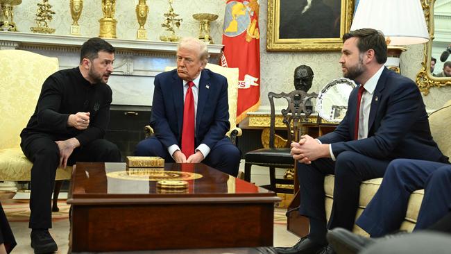 Volodymyr Zelensky stands his ground against Donald Trump and JD Vance in the Oval Office meeting. Picture: AFP