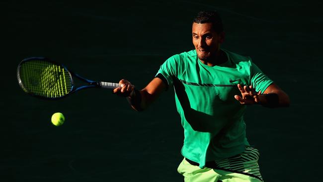 Nick Kyrgios of Australia plays a forehand during his straight sets victory against Novak Djokovic.