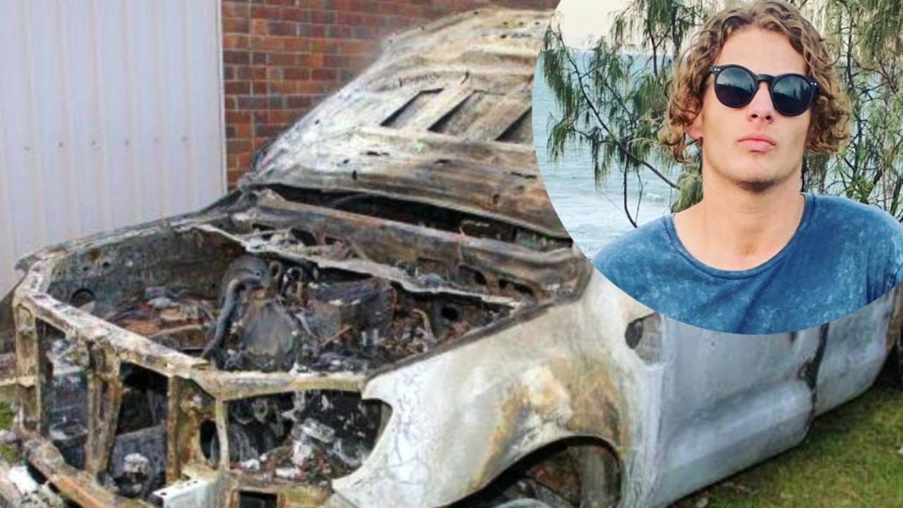 Police have released images of a burnt out vehicle they believe was involved in the shooting murder of Toowoomba man Thor Morgan (inset).