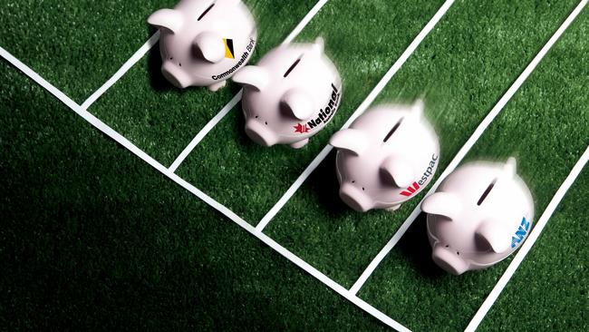 Piggy banks with the logos of the big four banks.