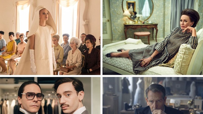 A scene from Cristobal Balenciaga on Disney+; Naomi Watts as Babe Paley in Feud: Capote vs. The Swans; Daniel Bruhl and Theodore Pellerin in a scene from Becoming Karl Lagerfeld; Ben Mendelsohn as Christian Dior in The New Look.