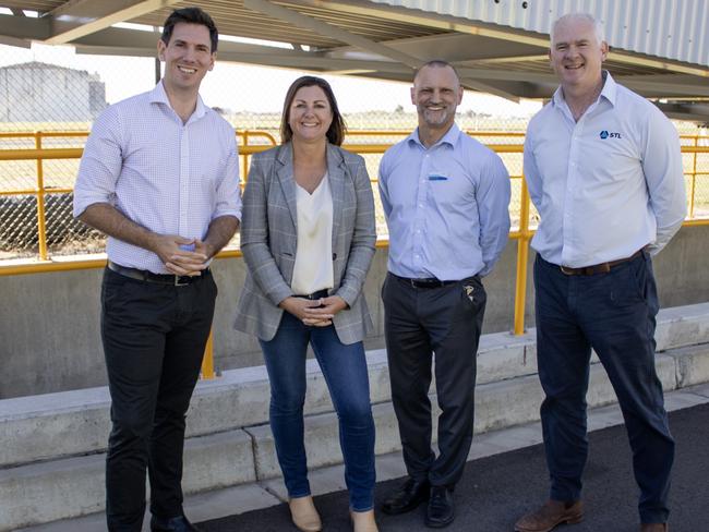 From left the Minister for Regional Development Kristy McBain Member for Bundaberg Tom Smith, Gladstone Ports Corporation CEO Craig Haynes and Sugar Terminals Limited CEO David Quinn at the official opening of the new conveyor.