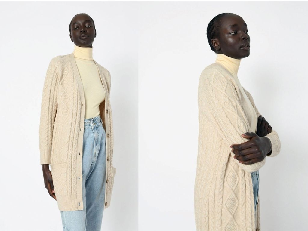 We love the buttermilk shade of this cable knit cardigan.