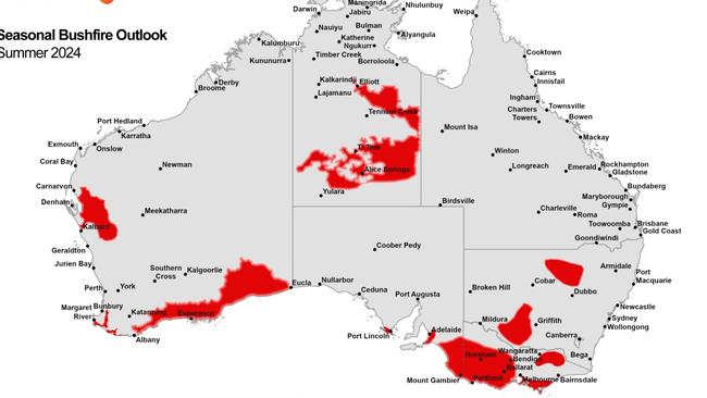 AFAC’s summer bushfire outlook map for the 2024 seasons shows vast stretches of Australia at increased risk. Picture: AFAC