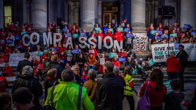 A crowd gathers in support of the Voluntary Assisted Dying Bill just before the debate. Picture: Tom Huntley