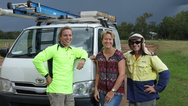 The CLP says it will bring in a $20 million stimulus package if it wins office, pleasing tradie Tom Bank, pictured with Sam and Chris Sowry. Picture: Glenn Campbell