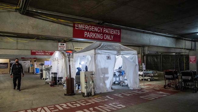 A temporary Emergency Room built into a parking garage at Providence Cedars-Sinai Tarzana Medical Center in Tarzana, California. Picture: AFP