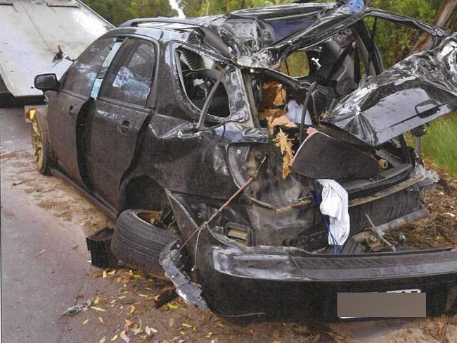 The mangled wreck of Oscar Waters' Subaru that he crashed at speed in Cowes and killed his mate Jake Munday.