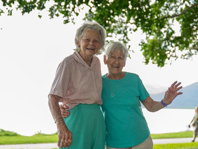 Odette Rankine and Erica Hofler enjoy the Sunshine during their Bocce match on the Esplanade on Tuesday Morning. Picture Emily Barker.