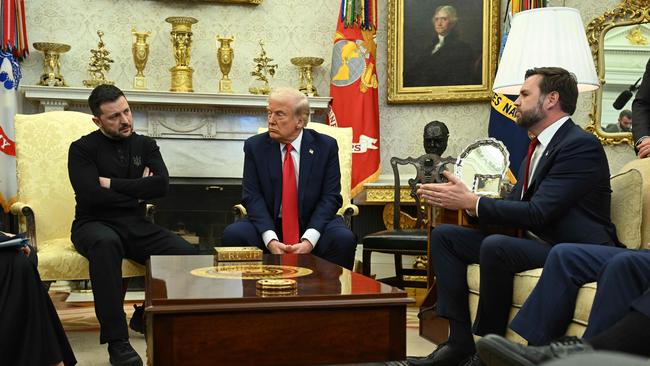 US President Donald Trump and Ukraine's President Volodymyr Zelenskyy listen to Vice President JD Vance as they meet in the Oval Office of the White House. Picture: Saul Loeb/AFP