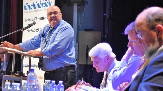 Hinchinbrook Mayor Ramon Jayo lectures the candidates at the Hinchinbrook Chamber of Commerce-organised forum in Ingham for candidates vying for the seat of Kennedy in the 2022 Federal Elections. Picture: Cameron Bates