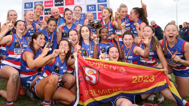 Central District players celebrate winning this year’s SANFLW premiership. Picture: Cory Sutton/SANFL