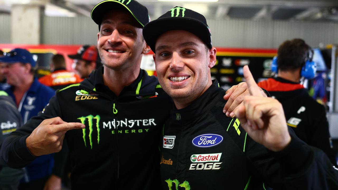 Cameron Waters celebrates his pole position with co-driver Will Davison (L) ahead of the 2020 Bathurst 1000. Picture: Daniel Kalisz/Getty Images