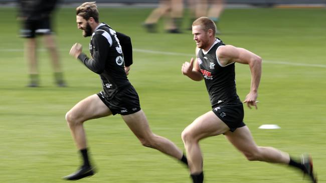 Justin Westhoff and Tom Clurey put in the hard yards at pre-season. Picture: Sarah Reed