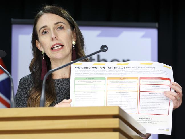 New Zealand Prime Minister Jacinda Ardern on Tuesday announced that quarantine-free travel between New Zealand and Australia would start this month. Picture: Hagen Hopkins/Getty Images