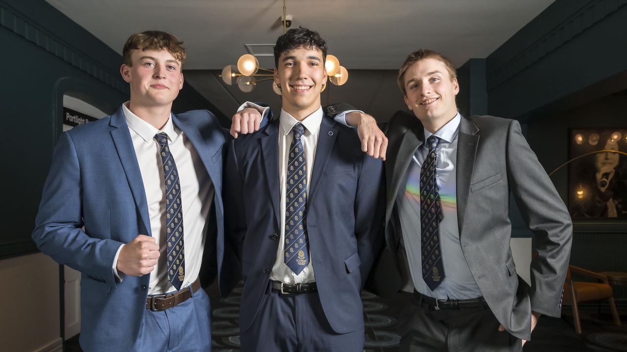 Thomas Marr, Daniel Meline and Charles Lennon- St Virgil's College Leavers 2024 at Wrest Point. Picture: Caroline Tan