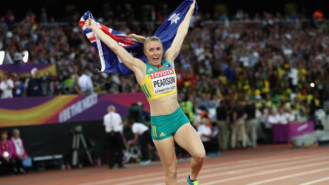 Sally Pearson celebrates after winning gold at the World Championships. Picture: Getty Images