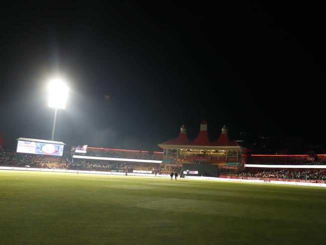 Himachal Pradesh Cricket Association Stadium in the dark after IPL match abandoned. Picture: Getty Images