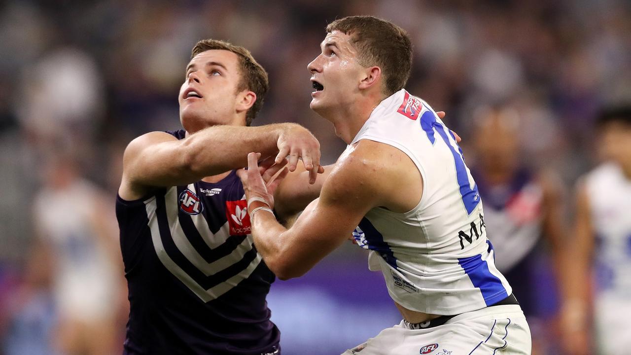 Callum Coleman-Jones, right, rucks against Docker Sean Darcy. Picture: Will Russell/AFL Photos