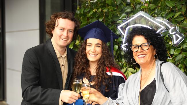 Tom Kidd, Lauren Board and her mum Tina Board at the Deakin University Graduation post ceremony celebration. Picture: Alison Wynd