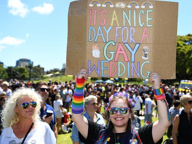 People celebrate after watching the marriage vote result announcement during a picnic held by the Equality Campaign at Prince Regent Park in Sydney, Wednesday, November 15, 2017. Picture: AAP Image/David Moir