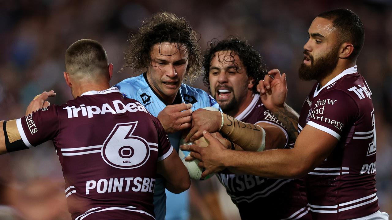 Manly struggled to contain Sharks halfback Nicho Hynes. Picture: Cameron Spencer/Getty Images