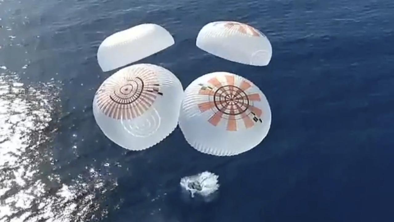 The Dragon capsule carrying four space tourists from the Fram2 mission splashes down in the Pacific Ocean off the coast of California. Picture: SpaceX via AP