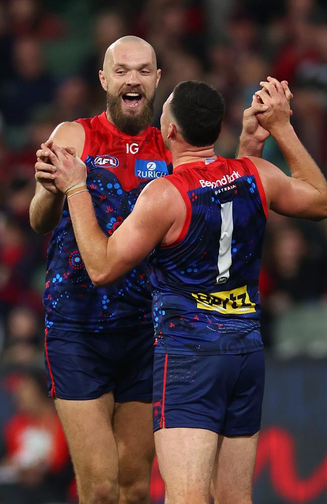 Steven May and Max Gawn celebrate after a goal against the Saints on Sunday. Picture: Quinn Rooney/Getty Images.