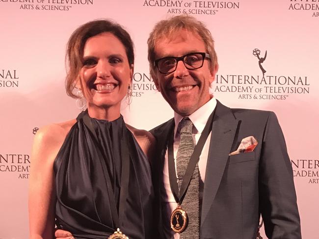 Robyn Butler and Wayne Hope with their medals at IEmmy Kids Awards at the Carlton hotel, Cannes.