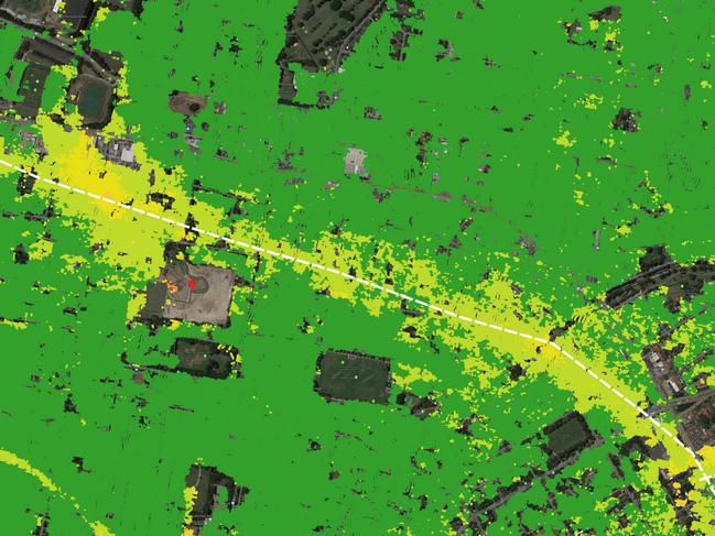 Yellow indicates ground movement along the M4 tunnel route. Image: AIRBUS DS/Otus