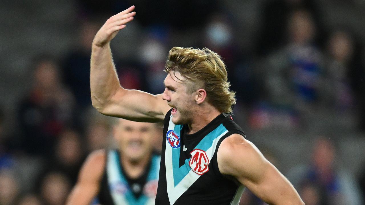 MELBOURNE, AUSTRALIA - JUNE 09: Jason Horne-Francis of the Power celebrates kicking a goal during the round 13 AFL match between Western Bulldogs and Port Adelaide Power at Marvel Stadium, on June 09, 2023, in Melbourne, Australia. (Photo by Quinn Rooney/Getty Images)