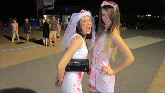 Courtney ‘Zombie Bride’ Vitler (left) and Rachel ‘Bloody nurse’ Thornton get into the Halloween spirit before clubbing