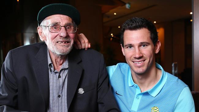 Former Socceroo Stephen Herczeg with current player Ryan McGowan. Picture: Sarah Reed.