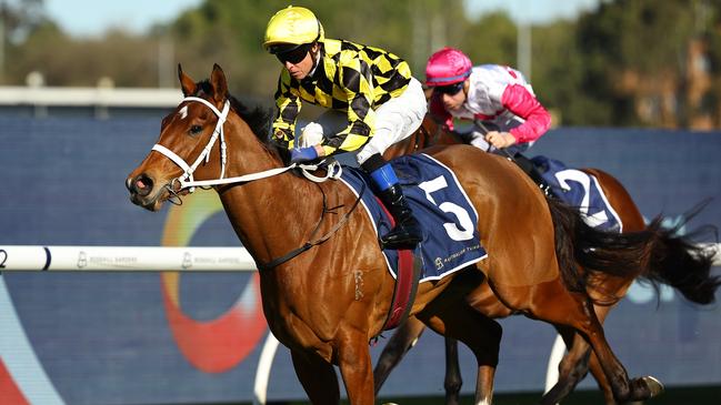 SYDNEY, AUSTRALIA - AUGUST 31: Kerrin McEvoy riding Autumn Glow wins Race 7 CMNL Up And Coming Stakes during Sydney Racing at Rosehill Gardens on August 31, 2024 in Sydney, Australia. (Photo by Jeremy Ng/Getty Images)