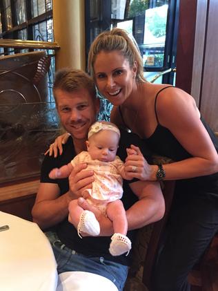 Candice Falzon, with David Warner and Baby Ivy Mae