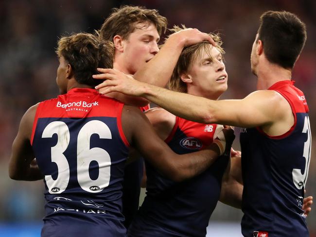 PERTH, AUSTRALIA - SEPTEMBER 10: Charlie Spargo of the Demons celebrates after scoring a goal during the 2021 AFL First Preliminary Final match between the Melbourne Demons and the Geelong Cats at Optus Stadium on September 10, 2021 in Perth, Australia. (Photo by Will Russell/AFL Photos via Getty Images)