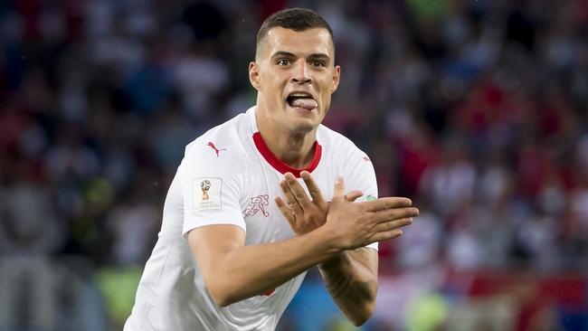 Switzerland's Granit Xhaka celebrates. (Laurent Gillieron/Keystone via AP)