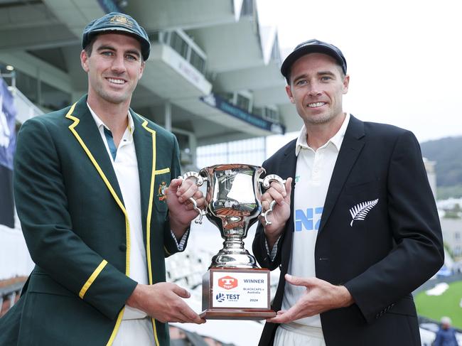 Opposing captains Pat Cummins and Tim Southee.