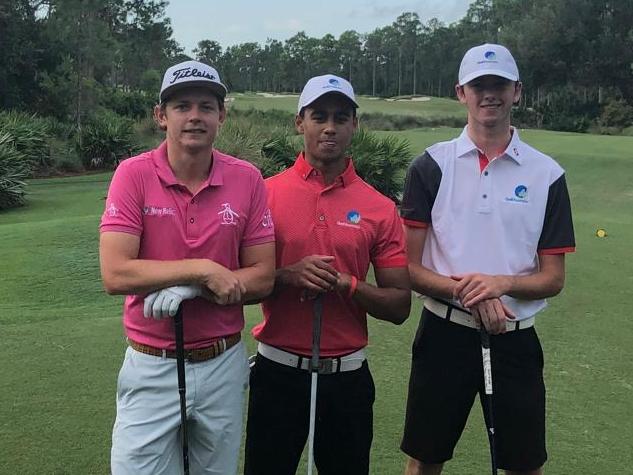 Cameron Smith and Elvis Smylie with Tyler Duncan (centre) from the Cameron Smith Scholarship in 2019. Picture: Golf Australia