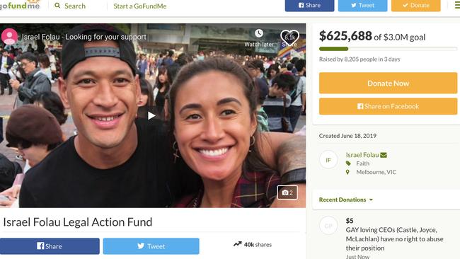 Israel Folau's GoFundMe campaign page on Monday.