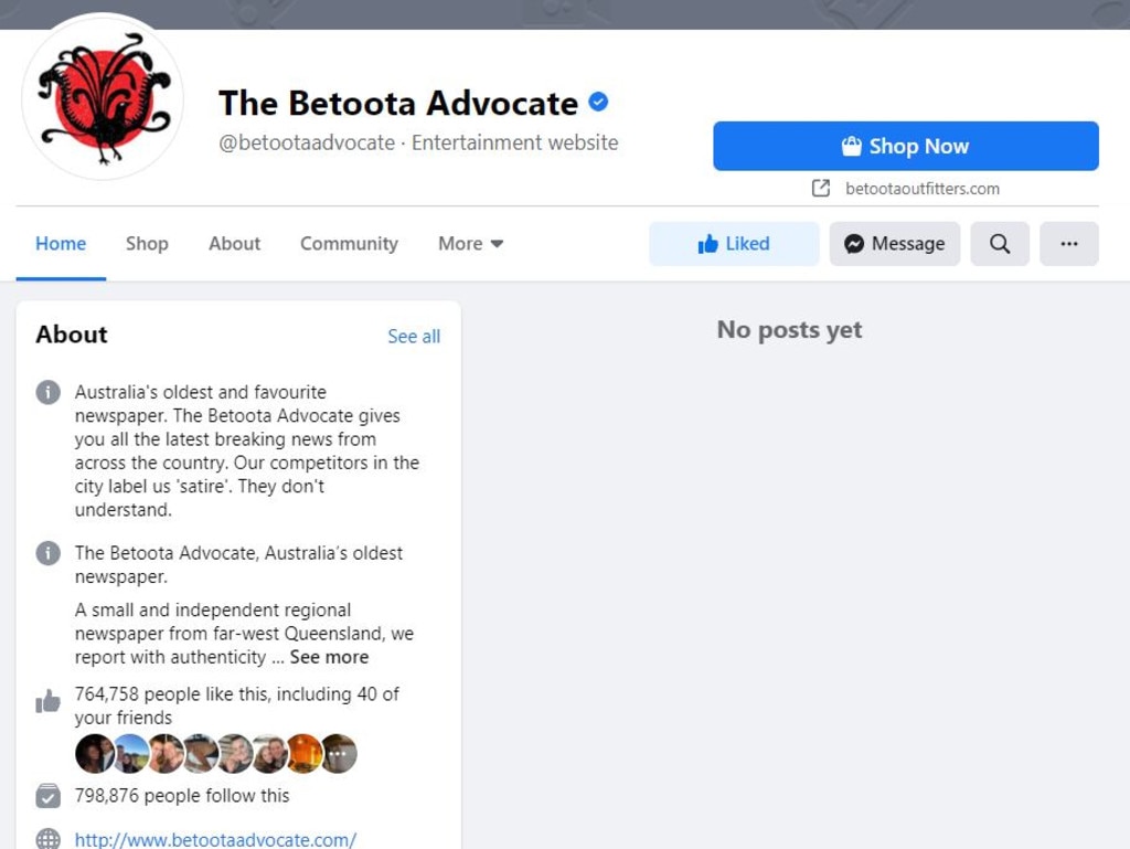 Facebook has pulled posts from satirical news site Betoota Advocate. Picture: Facebook