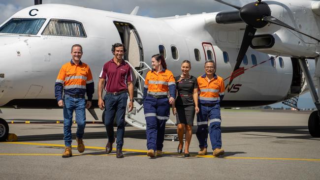 Wayne Croton, Bravus Mining and Resources, Johnathan Thurston, Skytrans co-owner, Jacquelyn Blanford, Bravus Mining and Resources, Kaitlyn Fitzsimmons, Skytrans Cabin Crew, Ted Pham, Bravus Mining and Resources. Photo: Cameron Laird