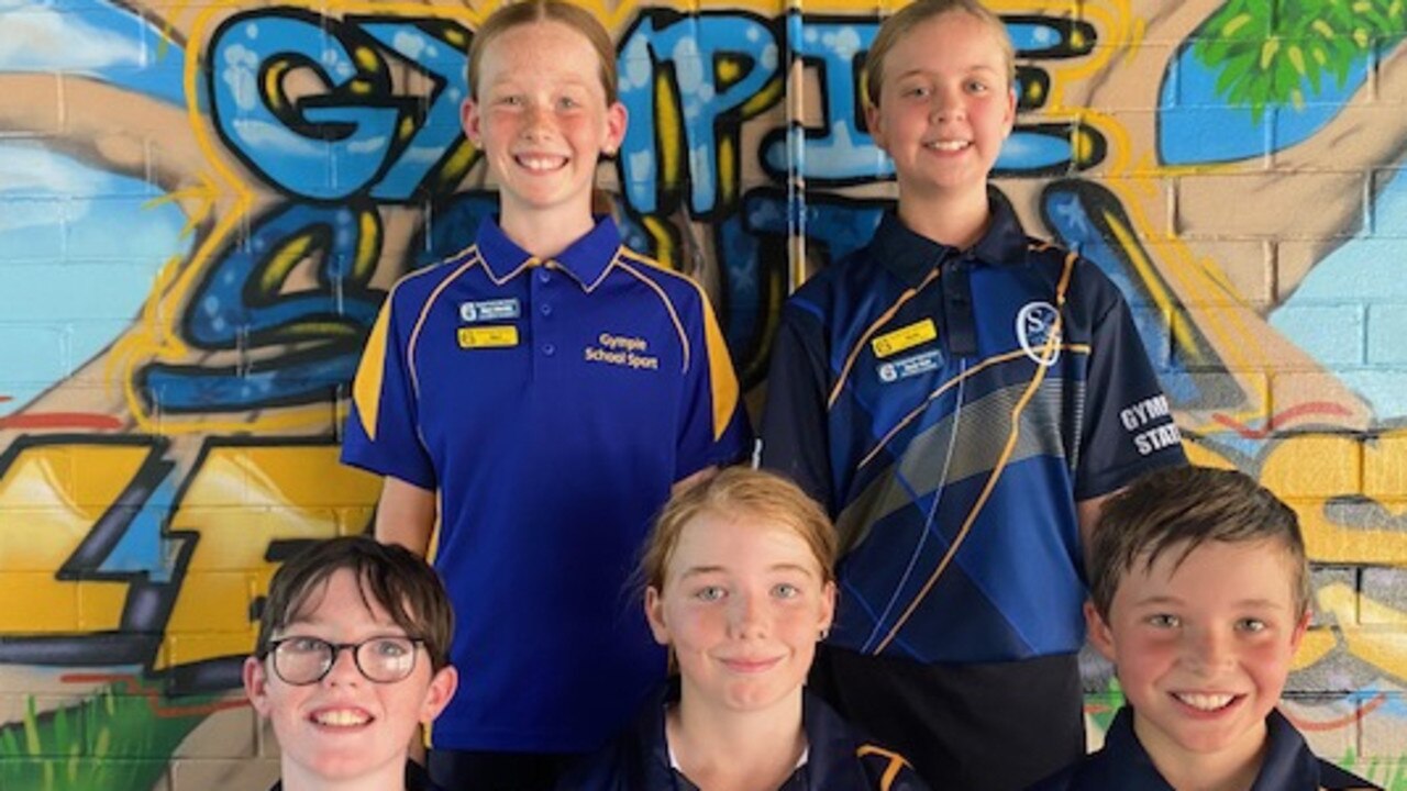 Gympie South State School 2023 school leaders: back row (left to right) – Maci Ritchie and Skyla Neal; front row (left to right) – Harrison Denton, Angus Lawrence-Aspland and Maison Westlake