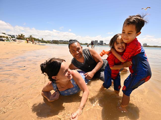 Lisa Sinclair and partner Louis Albert with their children Marley Albert (3) and Ryder Albert (2) are on holiday from a flooded Echuca in Victoria, and think the railway connection to Brisbane is a great idea. Pic Lyndon Mechielsen/Courier Mail