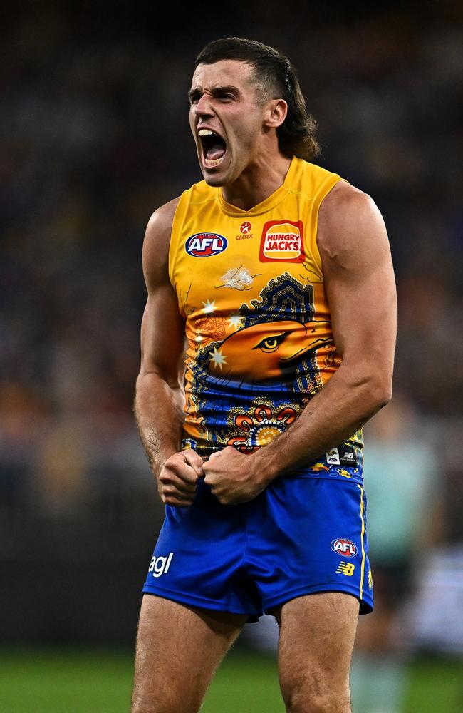 Jake Waterman kicked five goals for the Eagles on Sunday. Picture: Daniel Carson/AFL Photos via Getty Images.