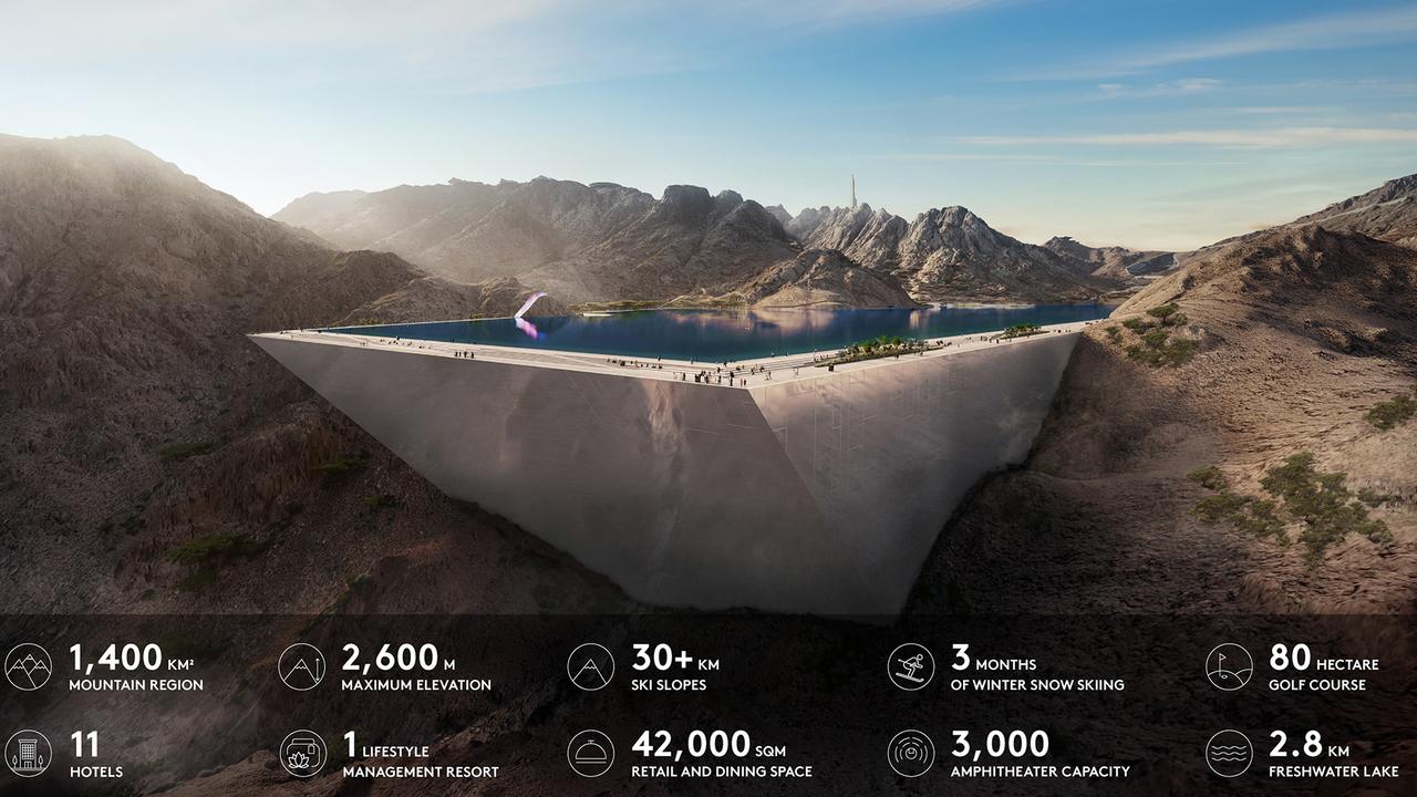 Megastructures, mega ambitions. A promotional slide for Saudi Arabia’s Trojena ski resort. Picture: NEOM