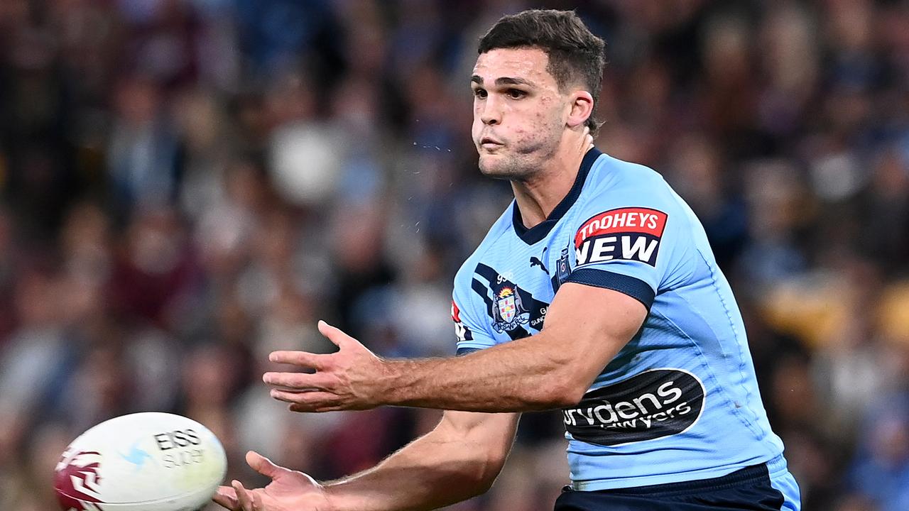 Nathan Cleary injured his shoulder in the Blues’ State of Origin-clinching victory over Queensland at Suncorp Stadium on Sunday night. Picture: Bradley Kanaris/Getty Images