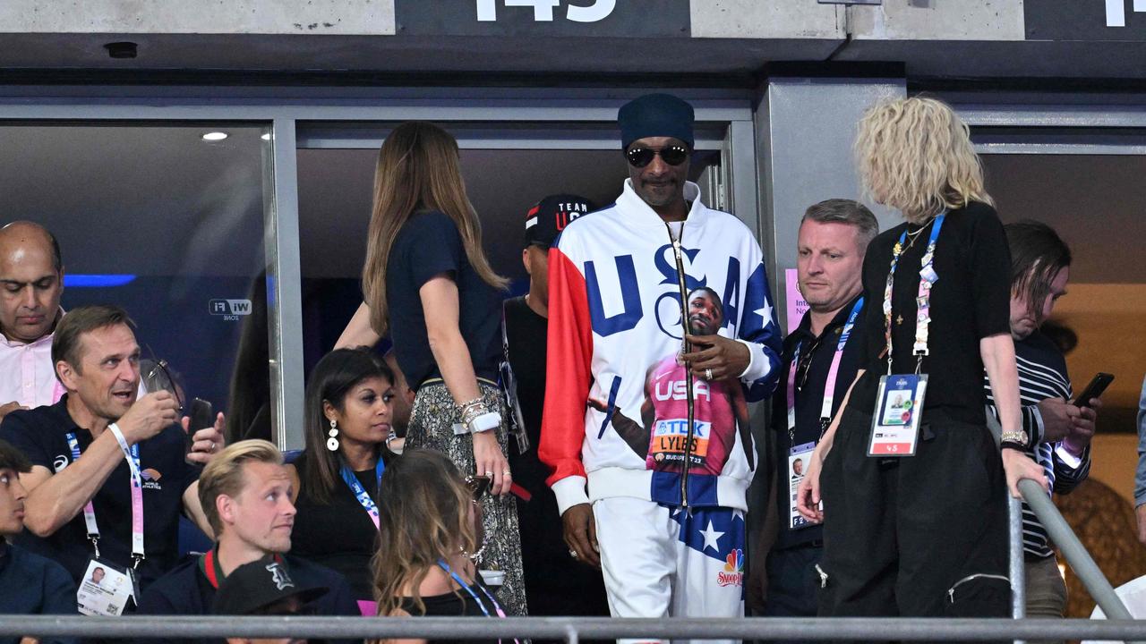 Snoop Dogg cheers on Noah Lyles to 100m gold. Picture: AFP